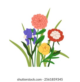 Garden flowers mix. Floral blossoms composition. Spring and summer blooming plants with gentle gorgeous buds and leaves branches. Botanical flat vector illustration isolated on white background