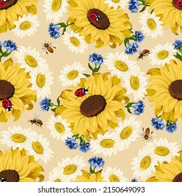 Garden flowers in a pattern.Sunflowers, cornflowers and daisies on a colored background in a vector pattern.