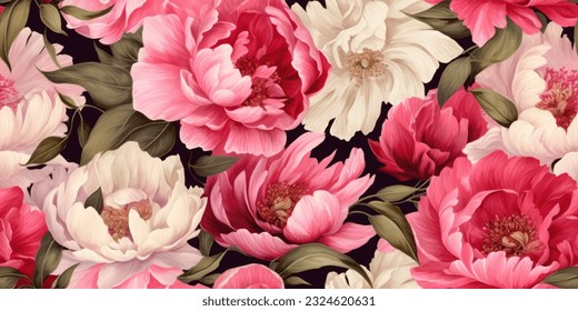 Garden flowers Peonies watercolor seamless pattern. 