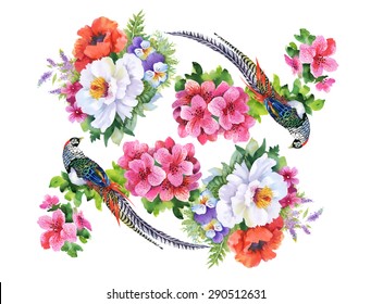 Garden flowers and pheasant birds watercolor pattern on white background vector illustration