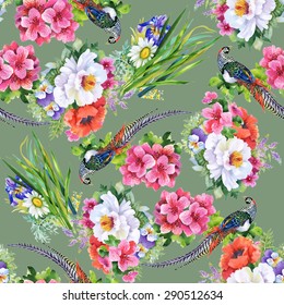 Garden flowers and pheasant birds watercolor seamless pattern on green background vector illustration