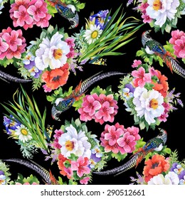 Garden flowers and pheasant birds watercolor seamless pattern on black background vector illustration