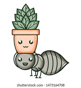 garden flowers plant in pot with ant kawaii style