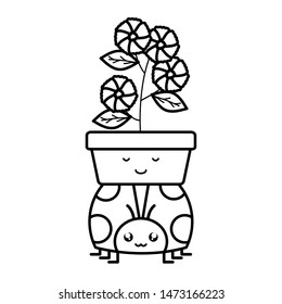 garden flowers plant in pot with ladybug kawaii style