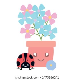 garden flowers plant in pot with ladybug kawaii style