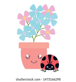 garden flowers plant in pot with ladybug kawaii style