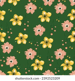 Garden flowers, plants, botanical, seamless pattern vector design for fashion, fabric, wallpaper and all prints on mint green background color