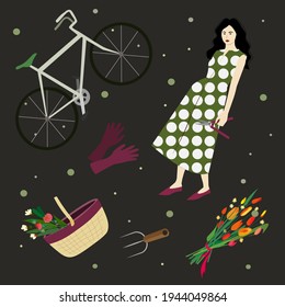 
Garden, flowers and plants. Flat vector illustration of beautiful woman in polka dot dress with garden attributes.