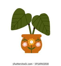 Garden, flowers and plants at home and outdoor with philodendron gloriosum tropical jungle Leaves jug with hand painted botanical flowers. Vector drawn illustrations of plants in pots card.