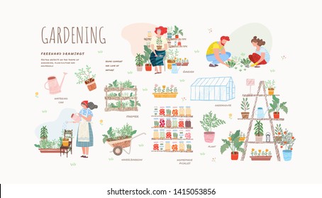 Garden, flowers and plants at home and outdoor.Vector drawn illustrations of plants in pots, people in garden beds, woman watering a flower for posters or cards