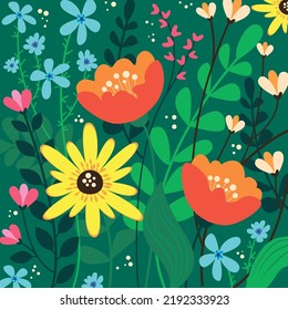 Flores de jardín, plantas, motivos sin fisuras para la moda, tela, papel pintado y todas las impresiones sobre fondo verde. Ilustración