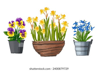 Garden flowers in a pot. Vector color sketch of summer and spring flowers on a white background.