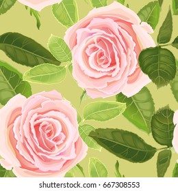 Garden flowers of rose. Seamless floral pattern. Vector illustration - template of luxury packaging, textiles, paper. Pink flowers and leaves on green background. Victorian realistic style. Vintage.