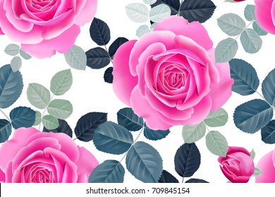 Garden flowers rose. Seamless floral pattern. Vector illustration - template of luxury packaging, textiles, paper. Pink flowers and green leaves on white background. Victorian realistic style. Vintage