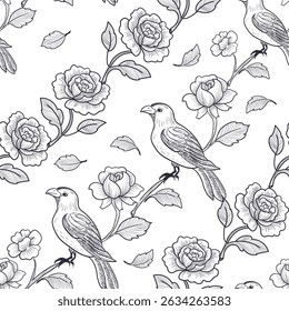 Garden flowers roses, bird on branch and leaves. Floral vintage seamless pattern. Black and white. Victorian style. Vector illustration. Template for rich textiles, paper, wallpaper