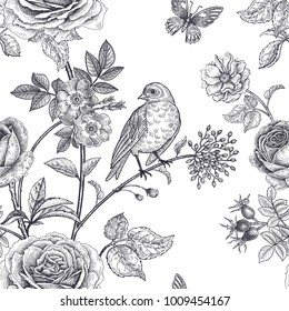 Garden Flowers Roses, Peonies And Dog Rose, Bird And Butterflies. Floral Vintage Seamless Pattern. Black And White. Victorian Style. Vector Illustration. Template For Luxury Textiles, Paper, Wallpaper