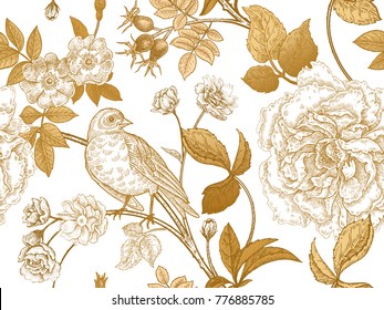 Garden Flowers Roses, Peonies And Dog Rose, Bird On Branches . Floral Vintage Seamless Pattern. Gold And White. Victorian Style. Vector Illustration. Template For Luxury Textiles, Paper, Wallpaper.