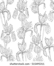 Garden flowers seamless pattern background vintage line illustration iris. Floral hand drawn design elements.