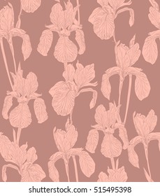Garden flowers seamless pattern background vintage silhouette illustration iris. Floral hand drawn design elements.