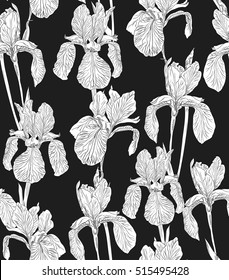 Garden flowers seamless pattern background vintage silhouette illustration iris. Floral hand drawn design elements.