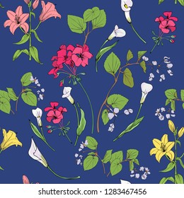 Garden flowers seamless pattern. Begonias, geraniums, lilies, in vector graphics.