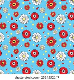 Flores de jardín sin patrón de estilo de dibujos animados. Para impresión, Web, papel, textil, fondo, Fondo de pantalla.