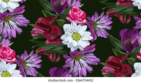 Garden flowers seamless pattern on black background. Botanical illustration hand drawn. Vector floral design for fashion prints, scrapbook, wrapping paper.