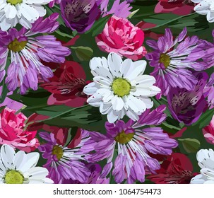 Garden flowers seamless pattern on black background. Botanical illustration hand drawn. Vector floral design for fashion prints, scrapbook, wrapping paper.