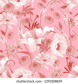 Garden flowers. Seamless pattern. Peonies, asters, lily, branches, foliage, herbs floral background. Vector illustration for fashion industry, paper, wallpaper. Vintage Victorian style. White and pink