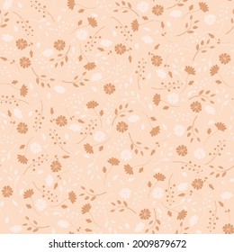 Garden flowers seamless texture. Cute little flowers and leaves on a beige background. Liberty floral style. Vector illustration for fashion, wedding, packaging, fabric, scrapbooking.