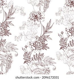 Garden flowers seamless vector pattern on a white background. Botanical illustration of flower engraving