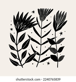 Garden flowers set black and white engraving boho modern abstract artisan illustration clipart in scandinavian style