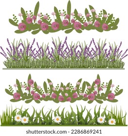 Garden flowers set on transparent background. Set of grass and flowers. PNG transparency. Green grassy elements and flowers isolated on transparent background. Vector illustration on transparent bg.
