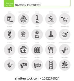 Garden flowers. A set of vector, flat, linear icons. Set has such icons as flowers, fruit trees and others.
