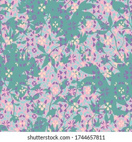 Garden flowers silhouettes mixed with multicolored mosaic stained glass window mosaic background. Botanical abstract geometric kaleidoscope seamless pattern.