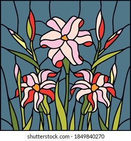 Garden flowers stained glass window vector illustratiom