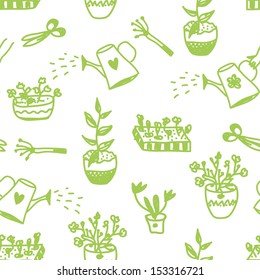 Garden flowers and tools seamless pattern cute design