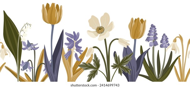 garden flowers, vector drawing flowering plants at white background, floral elements, hand drawn botanical illustration