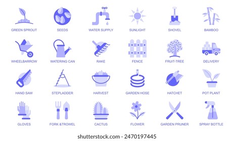 Garden flowers web icons set in duotone flat design. Pack pictograms with green sprout, seeds, sunlight, shovel, bamboo, wheelbarrow, watering can, rake, fence, fruit tree, other. Vector illustration.