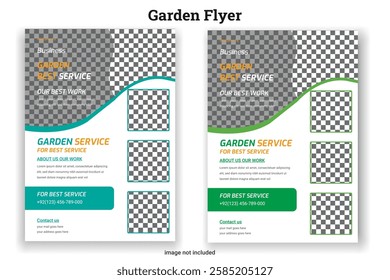 Garden Flyer it color is green Lawn Garden or Landscaping Service Flyer Template. Business Flyer poster pamphlet brochure cover design layout background, A4 size leaflet, grass, equipment, gardener