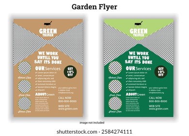 Garden flyer Lawn Mower Garden or Landscaping Service Flyer Template. Business Flyer poster pamphlet brochure cover design layout background, A4 size leaflet, grass, equipment, gardener