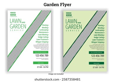 Garden Flyer Lawn Mower Garden or Landscaping Service Flyer Template. Business Flyer poster pamphlet brochure cover design layout background, A4 size leaflet, grass, equipment, garden