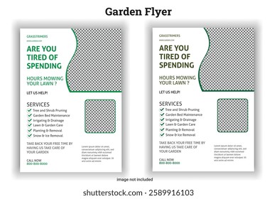 Garden Flyerrr= it color is green lawn service and gardening flyer design template Lawn Mower Service Flyer . lawn mower poster, leaflet, poster design. grass, brochure, mowing.