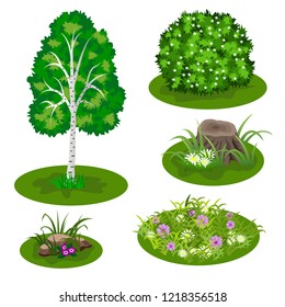 Garden or forest elements. Set to create landscape scene for cartoon or video game asset. Birch tree, bush, flowers in grass, chamomiles, stubs. Vector illustration
