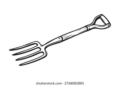 Garden fork description. Gardening tool with handle and tines. Rustic garden fork used for soil work. Sturdy woodenhandled garden fork with four tines for cultivating soil outdoors