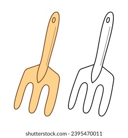 Garden fork. Flat color and black and white vector illustration.