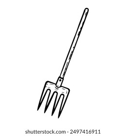 Garden fork hand drawn in doodle style. Hobby gardening. Farmer working tool for harvesting grass and hay. Vector line art illustration.