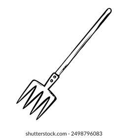 Garden fork hand drawn in doodle style. Hobby gardening. Farmer working tool for harvesting grass and hay. Vector line art illustration.