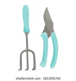 Garden fork with hand pruner icon in flat style. Garden tools vector design