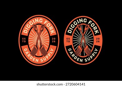 Garden fork tool retro badge logo design set for merchandise. Digging forks crossed vintage patch symbol graphic pack for agricultural. Soil cultivator rustic emblem element bundle for gardener